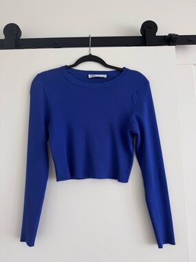 Zara Cobalt Blue Ribbed Cropped Long-Sleeve Top